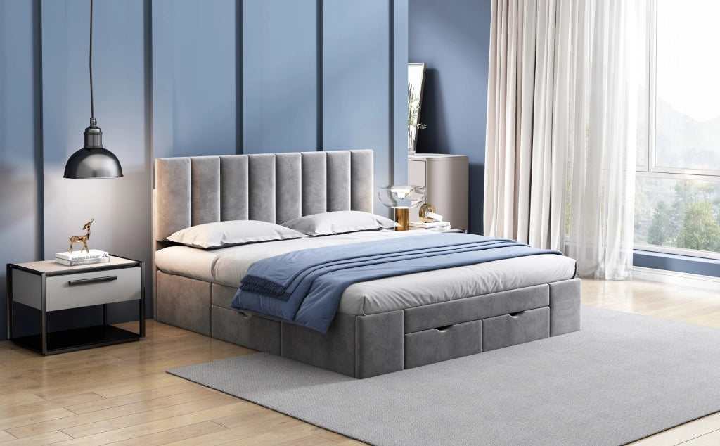 Letto imbottito 160x200 - Xylo - Grigio velluto, 4 cassetti