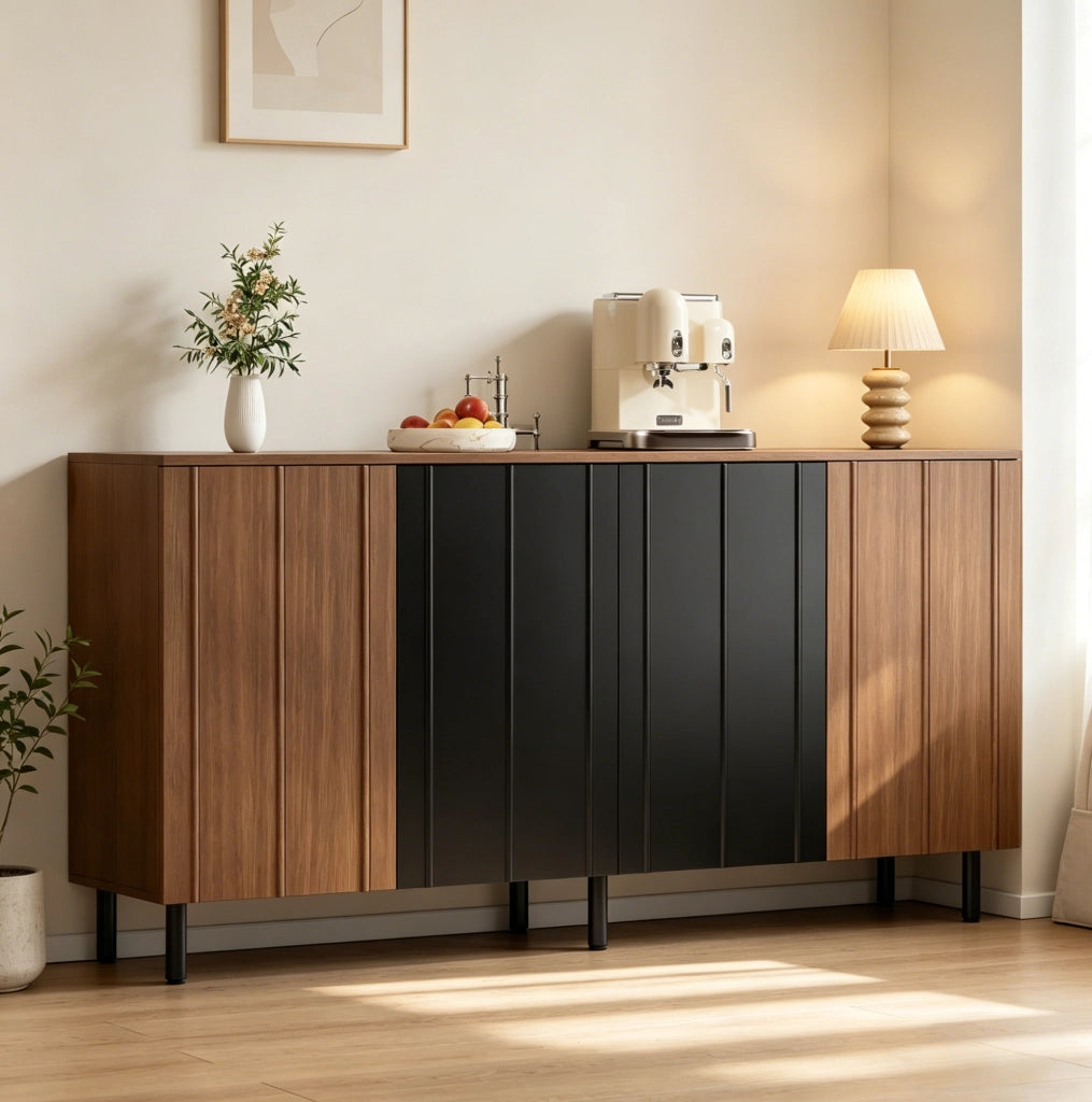 Credenza buffet 160x35x80 cm in truciolare noce e nero con 4 ante