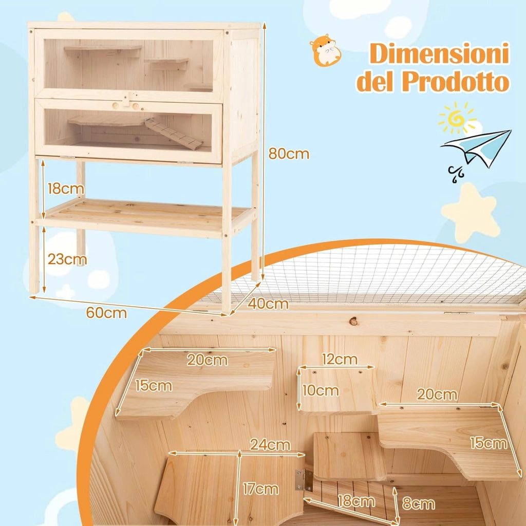 Gabbia per Criceti, Gabbia Criceti in Legno con Tetto a Rete, Aree Multiscala, Rampe, Ripiano Inferiore, Pannello in Acrilico, Porta Bloccabile, 60 x 40 x 80 cm