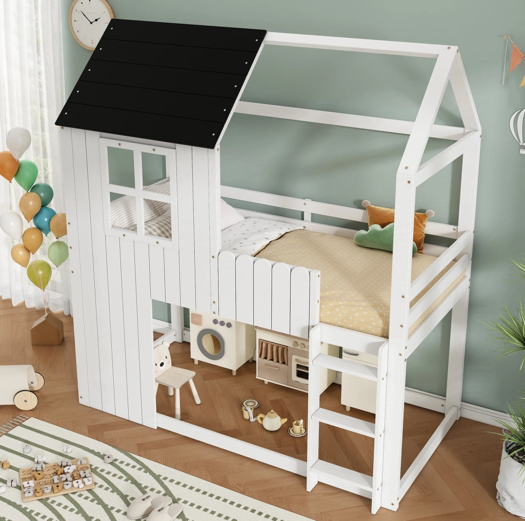 Letto a soppalco per bambini a casetta 90x200 cm bianco nero