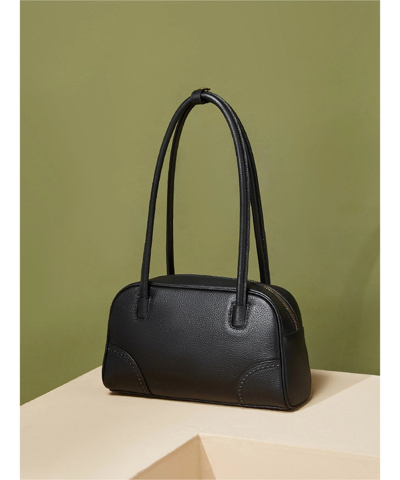 Borsa a mano in vera pelle di grande capacit¨¤, modello bowling, nera