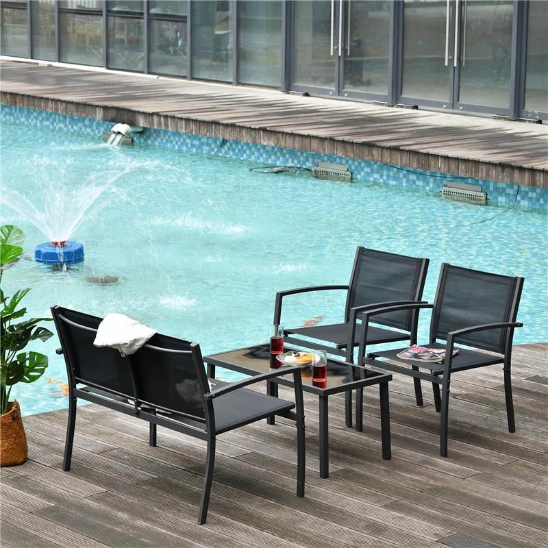 SALOTTO DA ESTERNO, SET 4 PEZZI CON 1 TAVOLINO, 2 SEDIE DA GIARDINO E 1 PANCA IN METALLO, NERO