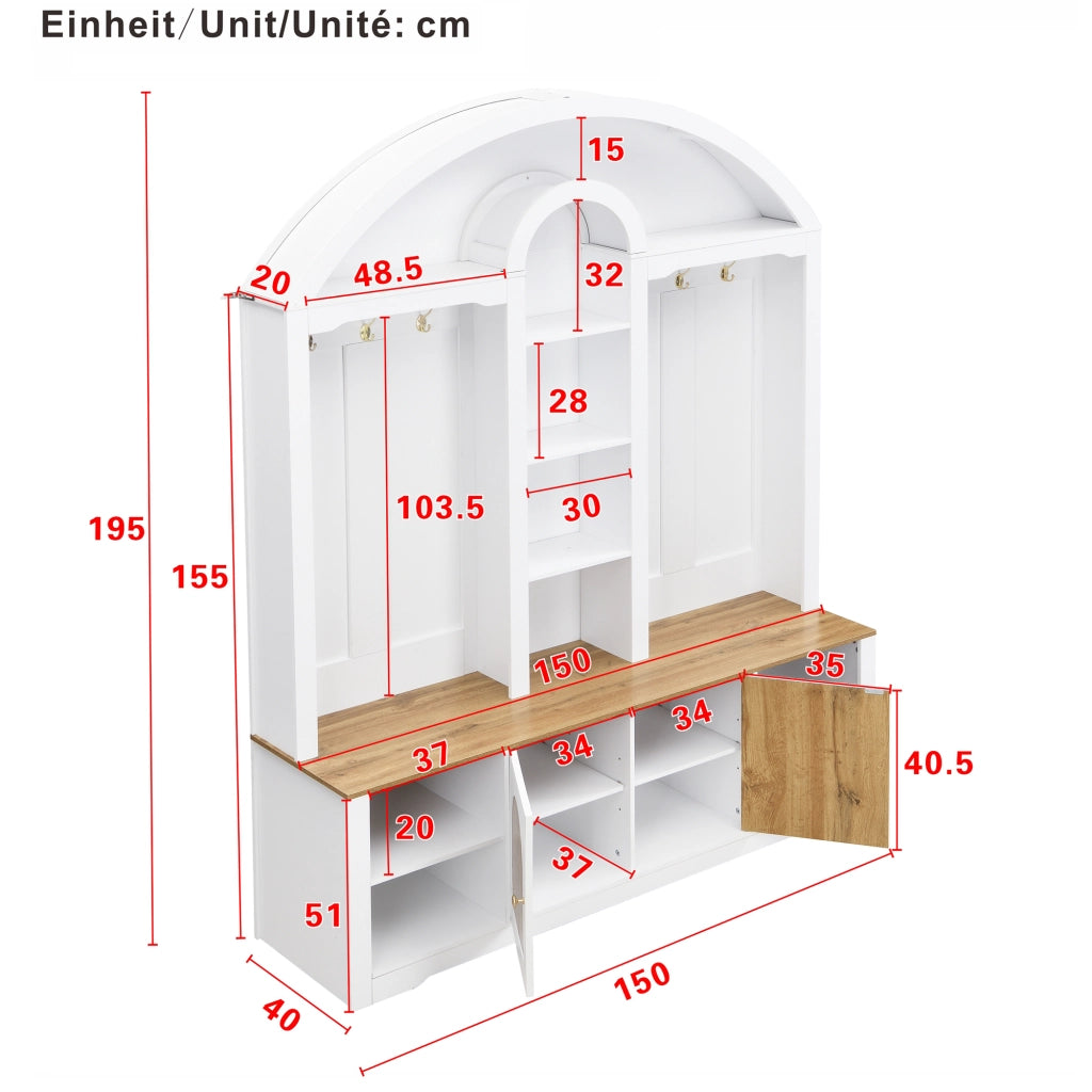 Mobile d'ingresso con 2 Ante; 3 Nicchie e Ganci; con Striscia LED USB; Stile Scandinavo; in MDF; 150??40??195 cm; Bianco