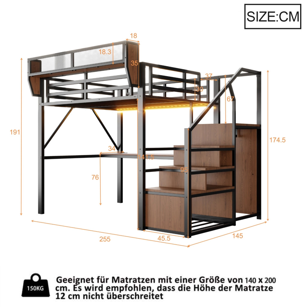 Letto a soppalco 140 × 200 cm con scrivania lunga, LED, scaffale regolabile et scala di sicurezza, senza materasso