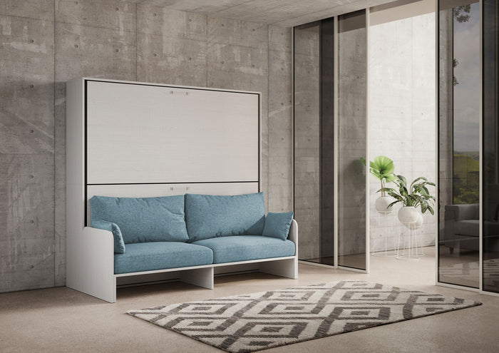 Letto Doppio A Scomparsa Kando Con Divano Bianco Frassino e Azzurro