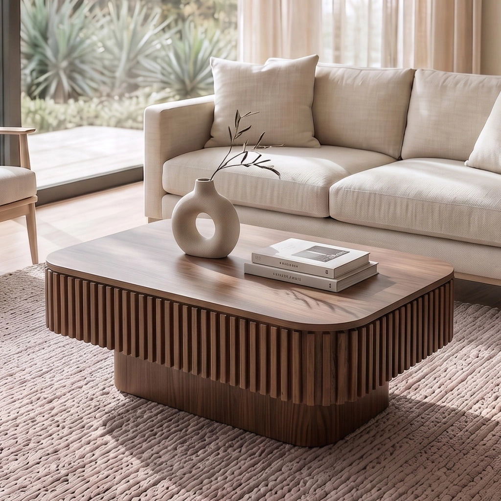 Tavolino basso con contenitore nascosto e coperchio removibile in legno e MDF colore noce