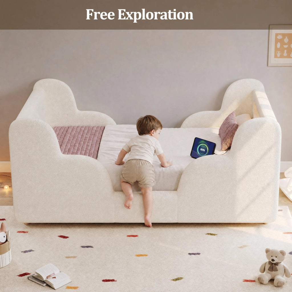 Letto per bambini 90 × 200 cm con sponde imbottite, luce notturna, porte USB e Type-C, senza materasso, beige