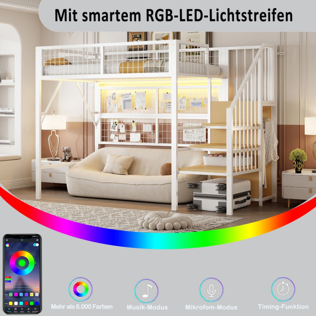 Letto a soppalco in metallo 90 x 200 cm con scala contenitore e LED controllabile tramite app; bianco