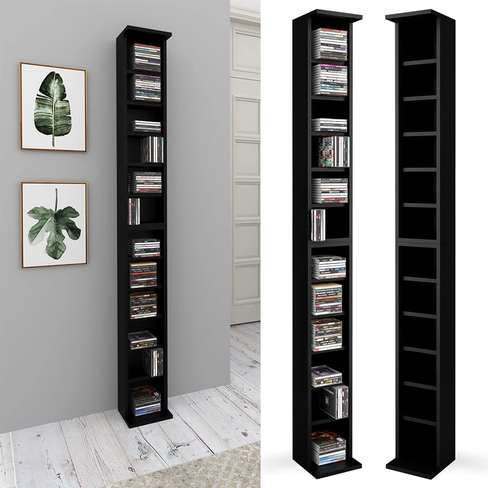 Scaffale porta cd, Nero, 21 x 183.6 cm Alto, con ripiani regolabili in altezza per una conservazione flessibile dei media