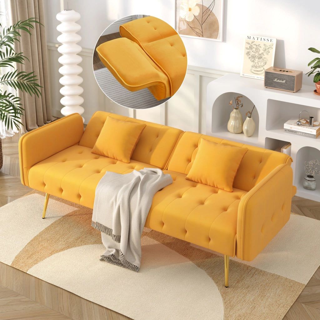 Divano Letto 2 Posti con Schienale Regolabile e Braccioli Multiposizione, in Velluto Giallo 215 × 81.5 cm