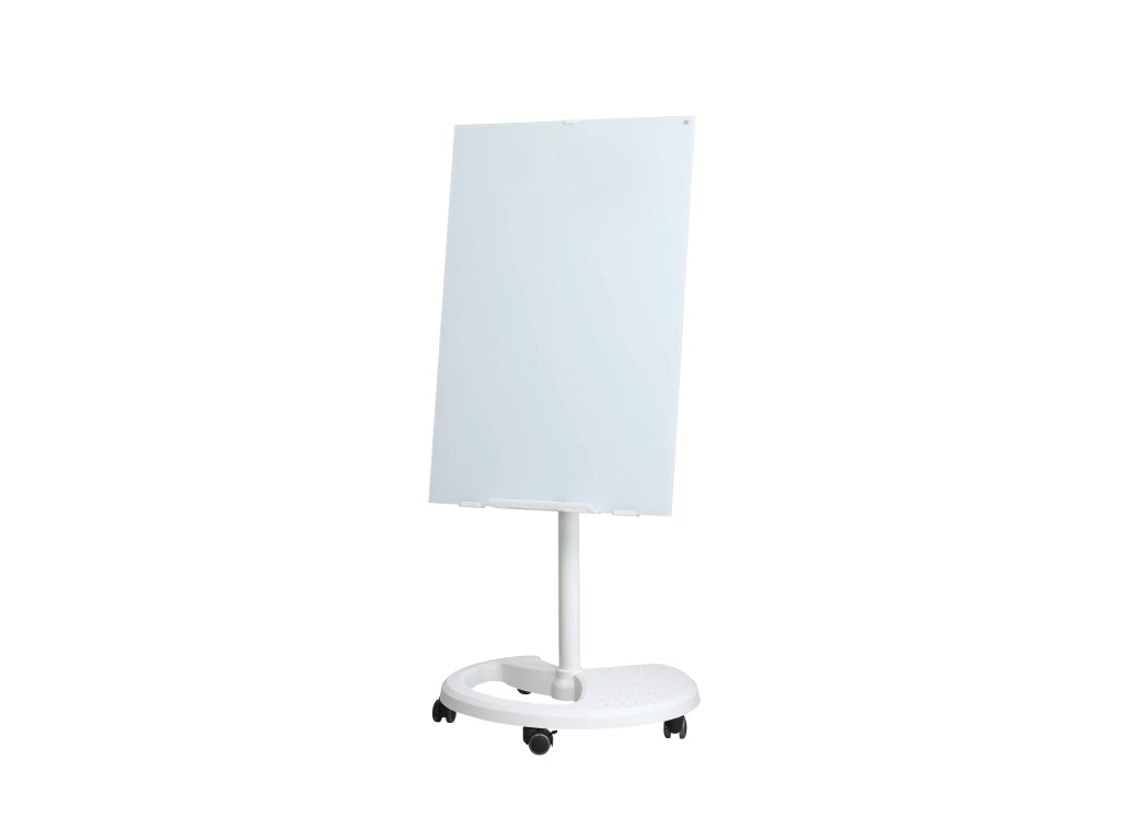 Lavagna magnetica in vetro temperato bianco 90 x 60 cm, regolabile in altezza e inclinazione, con ruote bloccabili