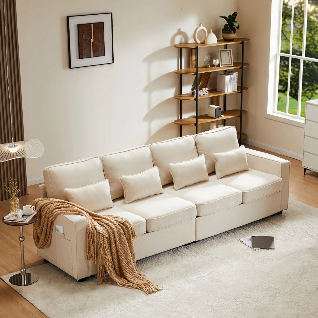SOFA 4 posti in tessuto lino Beige con 4 cuscini lombari