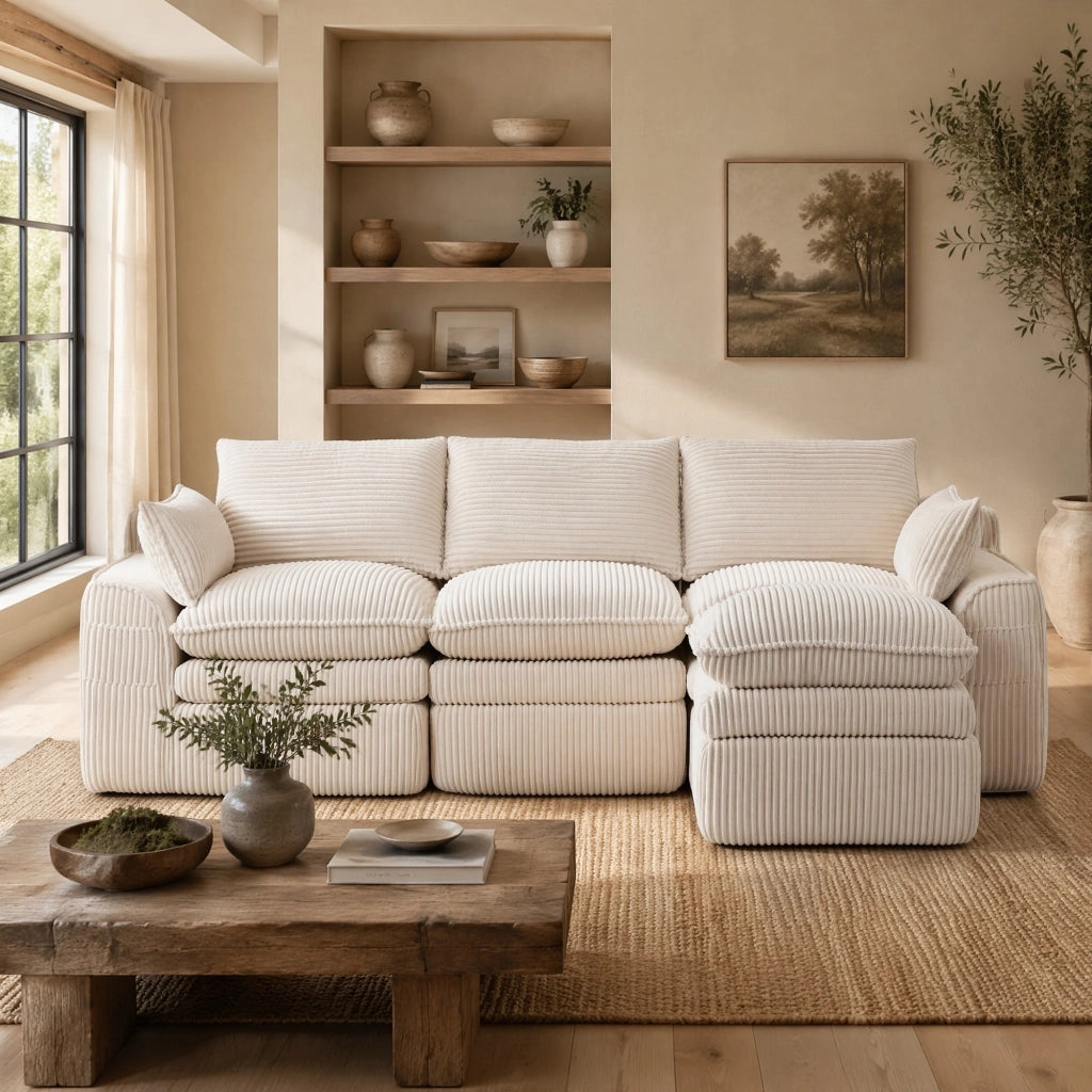 Divano modulare in velluto a coste beige con pouf; cuscini e tasche laterali 263 × 167 × 85 cm
