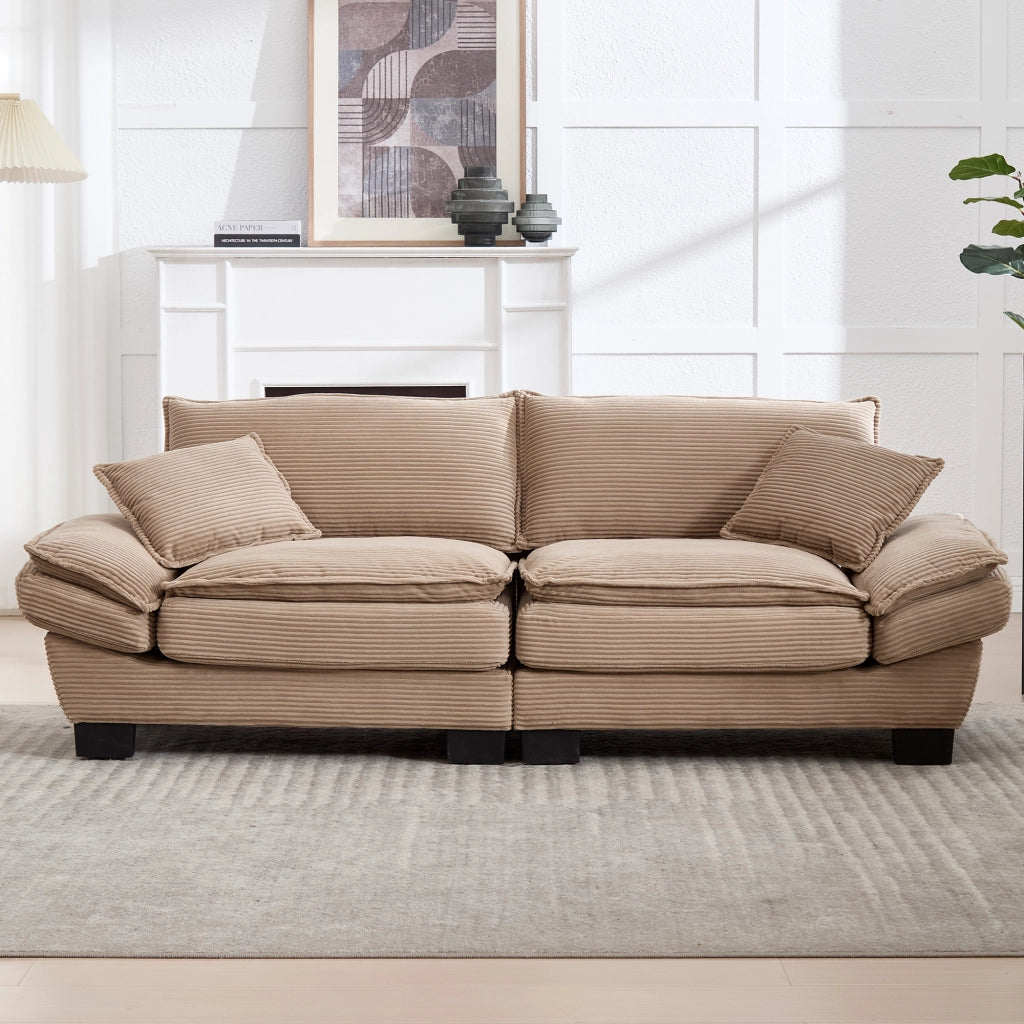 OKWISH Divano Lineare 2 Posti, Seduta Extra Profonda con Braccioli Imbottiti e 2 Cuscini, Velluto, Cachi, 224 × 81 × 81 cm