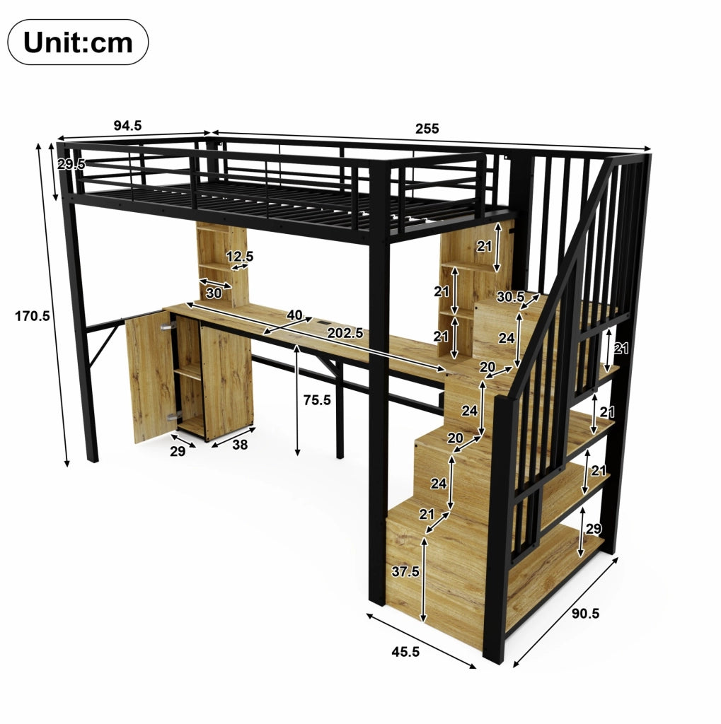 Letto a soppalco 90x200 cm nero in metallo e MDF, scrivania USB, senza materasso