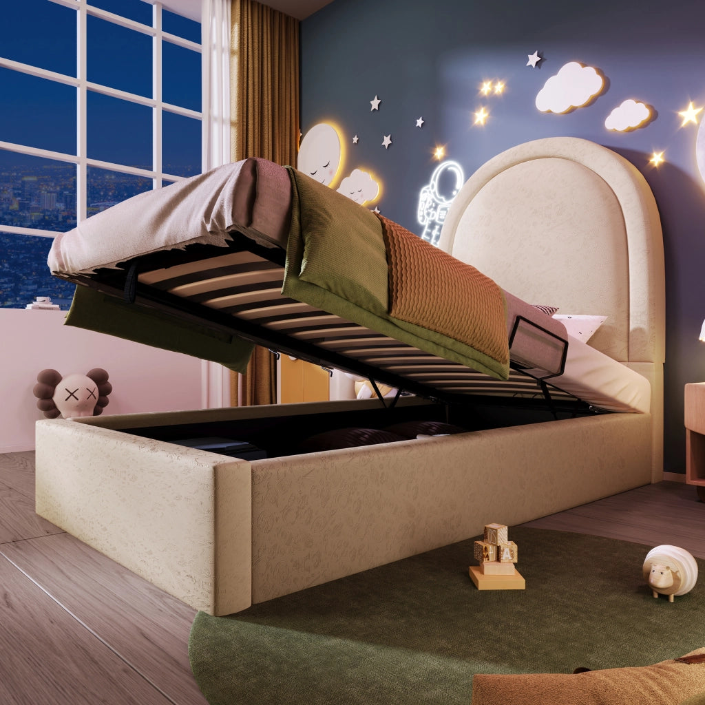 Letto bambino – 90x200 cm – motivo cosmico con materasso – PU beige