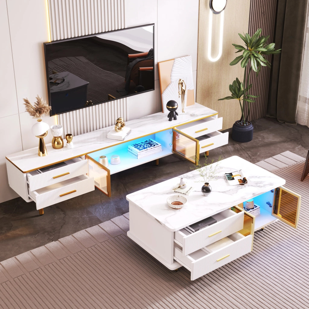 Mobile TV con 4 Cassetti; 2 Ante in Vetro Temperato e LED; per Soggiorno; in Truciolare; 170 × 37 × 47.5 cm; Bianco