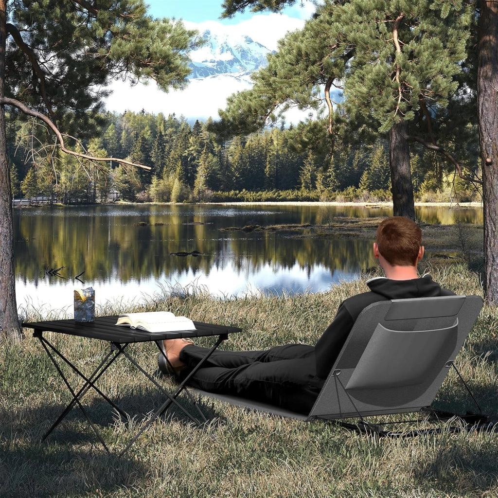Set di 2 Lettino da Spiaggia Prendisole Pieghevole, Schienale Regolabile in 3 Angolazioni, con Poggiatesta, Sdraio da Spiaggia, in Oxford e Metallo, Grigio Scuro