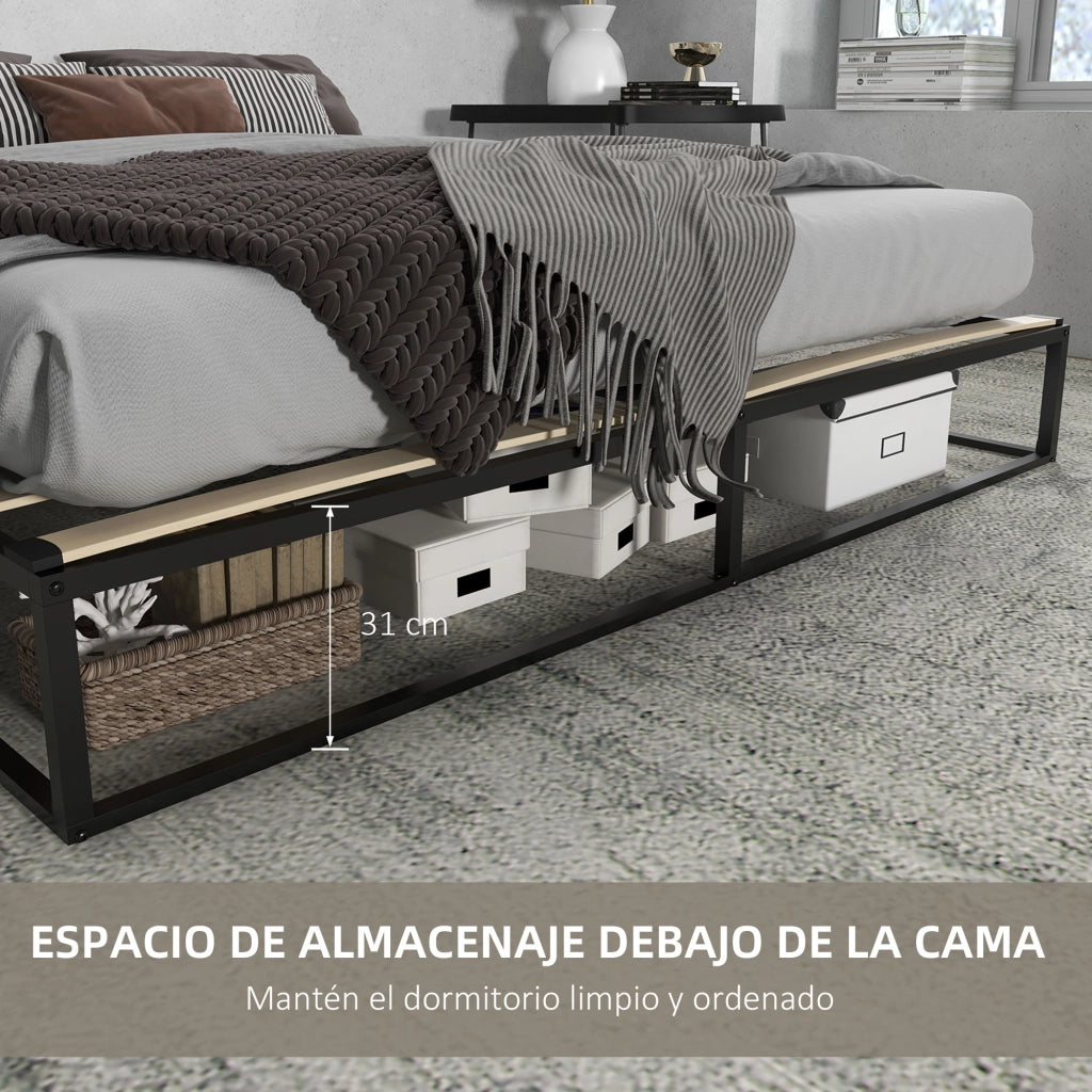 Letto Matrimoniale in Acciaio con Rete a Doghe in Legno ¨C Zephmum ¨C Nero 180x200x25 cm