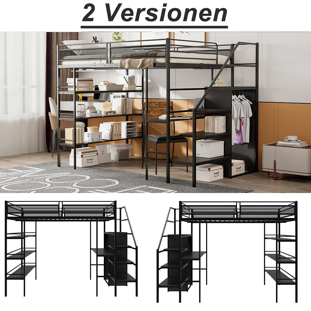 Letto a soppalco 140x200 - Xylo - 3 ripiani scrivania armadio - Nero