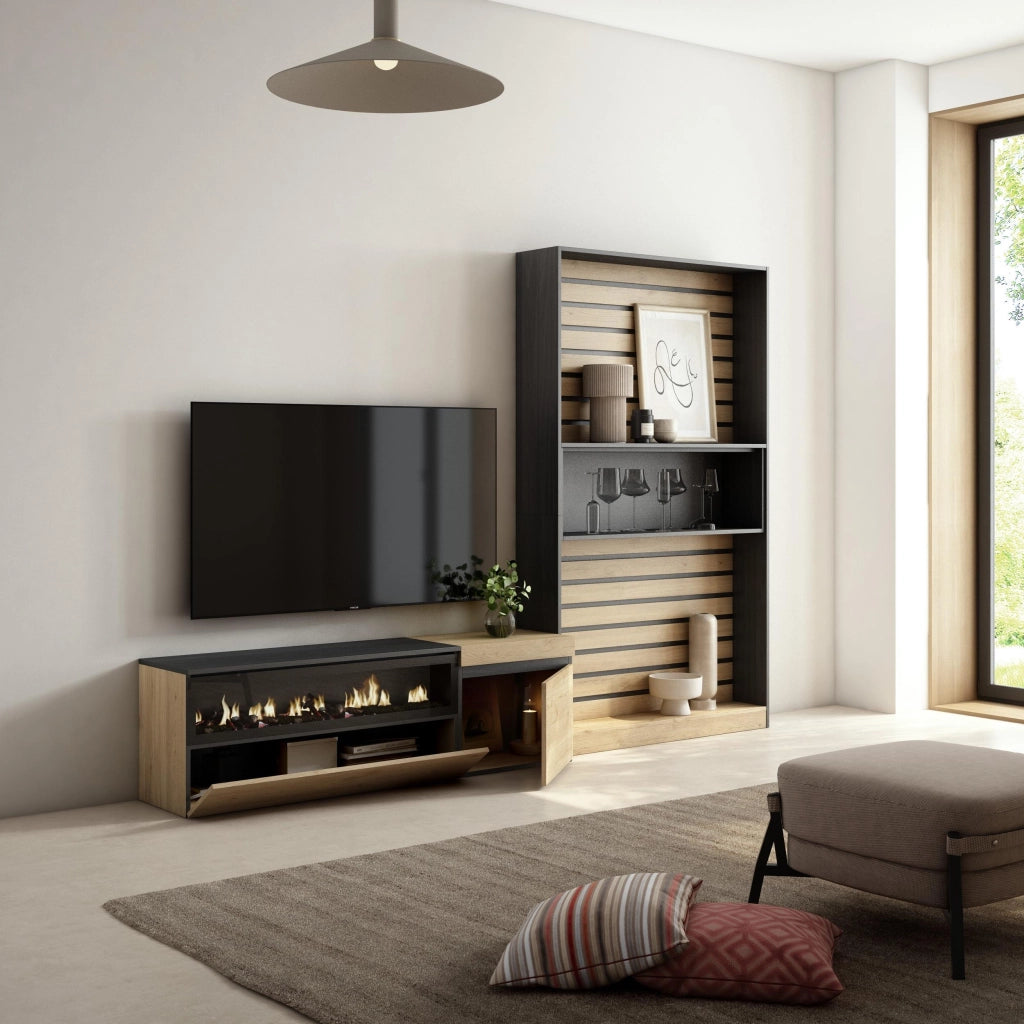 Mobile TV, Soggiorno, 260x35x186cm, Per TV fino a 65", Camino elettrico, colore Rovere e nero RF2536