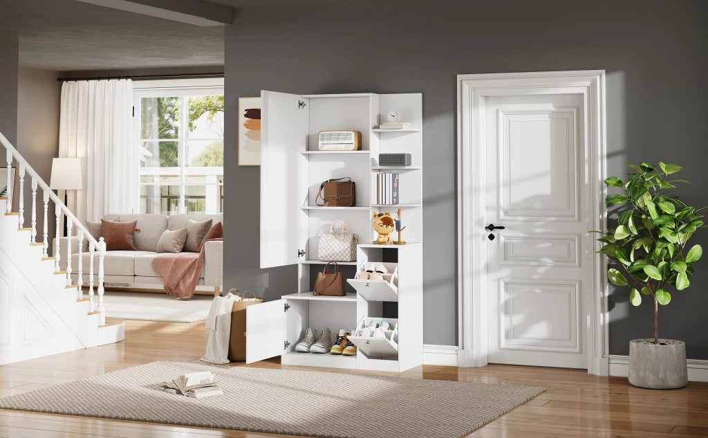 Mobile ingresso multifunzione con specchio e scarpiera; 85 x 40 x 180 cm; bianco