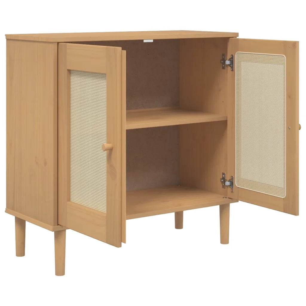 Credenza | Madia | Buffet da pranzo | Armadio da pranzo SENJA Aspetto Rattan Marrone 80x35x80 cm Massello Pino