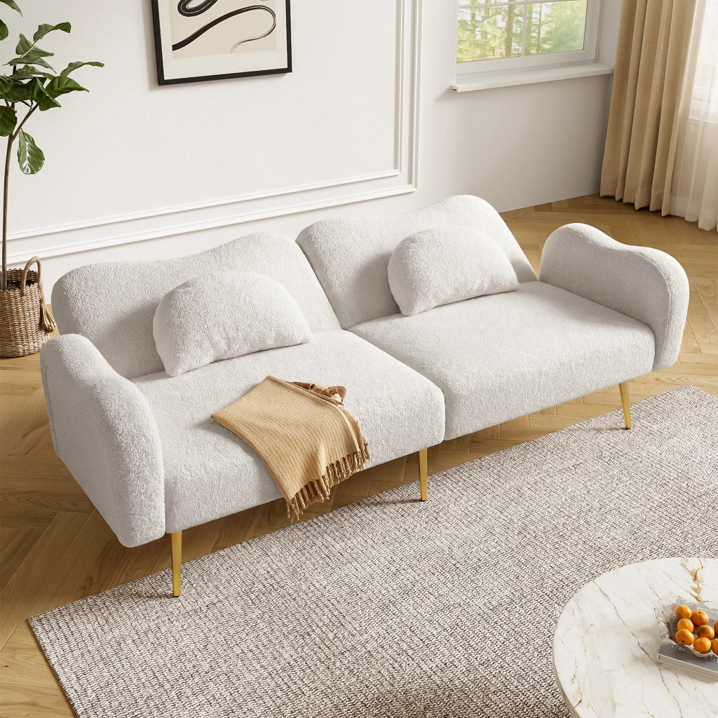 OKWISH Divano Letto 2 Posti, Schienali Regolabili in 3 Posizioni con 2 Cuscini, Tessuto Effetto Lana e Schiuma, Bianco