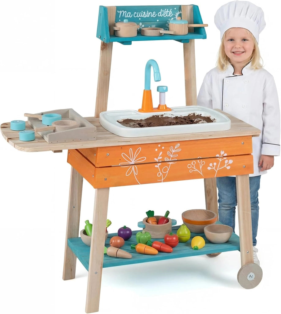 Cucina Giocattolo per Bambini, Cucinatta in Legno da Esterno con 2 Ruote, Griglia, Manopole Girevoli, Lavandino e Rubinetto, Cucina da Fango Interattiva con Accessori per Bambini 3+ Anni
