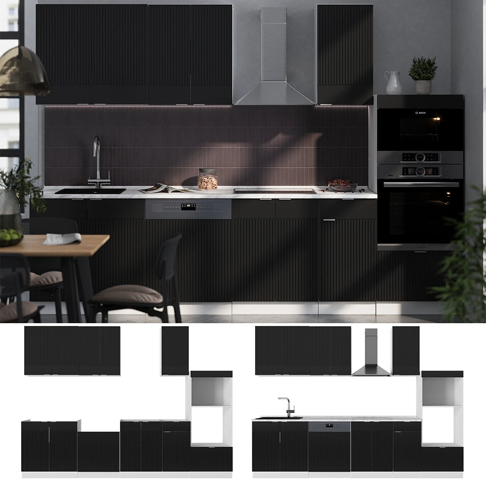 Cucina componibile Fame-Line Nero rigato/Bianco 300 cm con armadio alto, PL Marmo Vicco