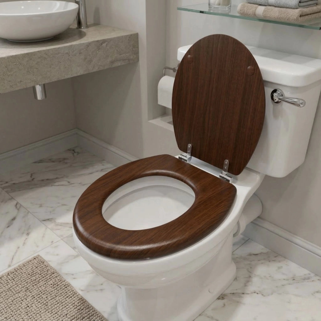 Sedile Copriwater Universale MDF Legno Con Cerniere Inox 440x375 52948A