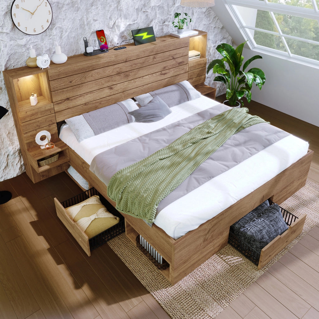 Letto matrimoniale 180x200 cm con LED, USB-C e cassetti contenitivi