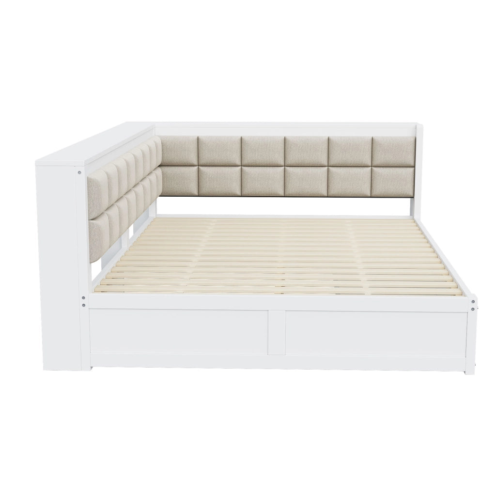 Letto salvaspazio una piazza e mezza 140×200 cm con 2 cassetti; testiera morbida e rete; senza materasso; legno bianco