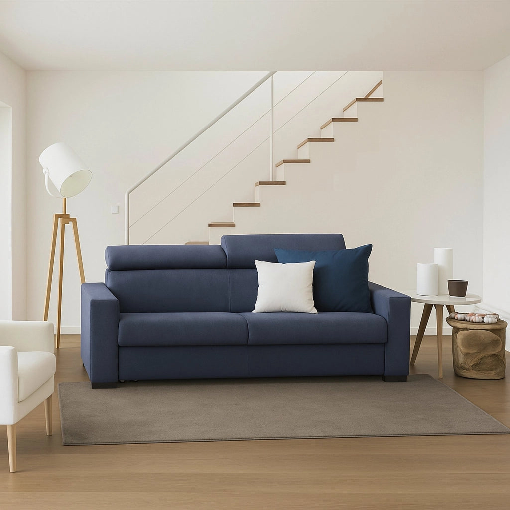Divano fisso Schiavo, Divano a 2 posti Large, Made in Italy, SofÒ  Soggiorno, in tessuto imbottito, con poggiatesta regolabili e Braccioli standard, cm 200x95h85, Blu