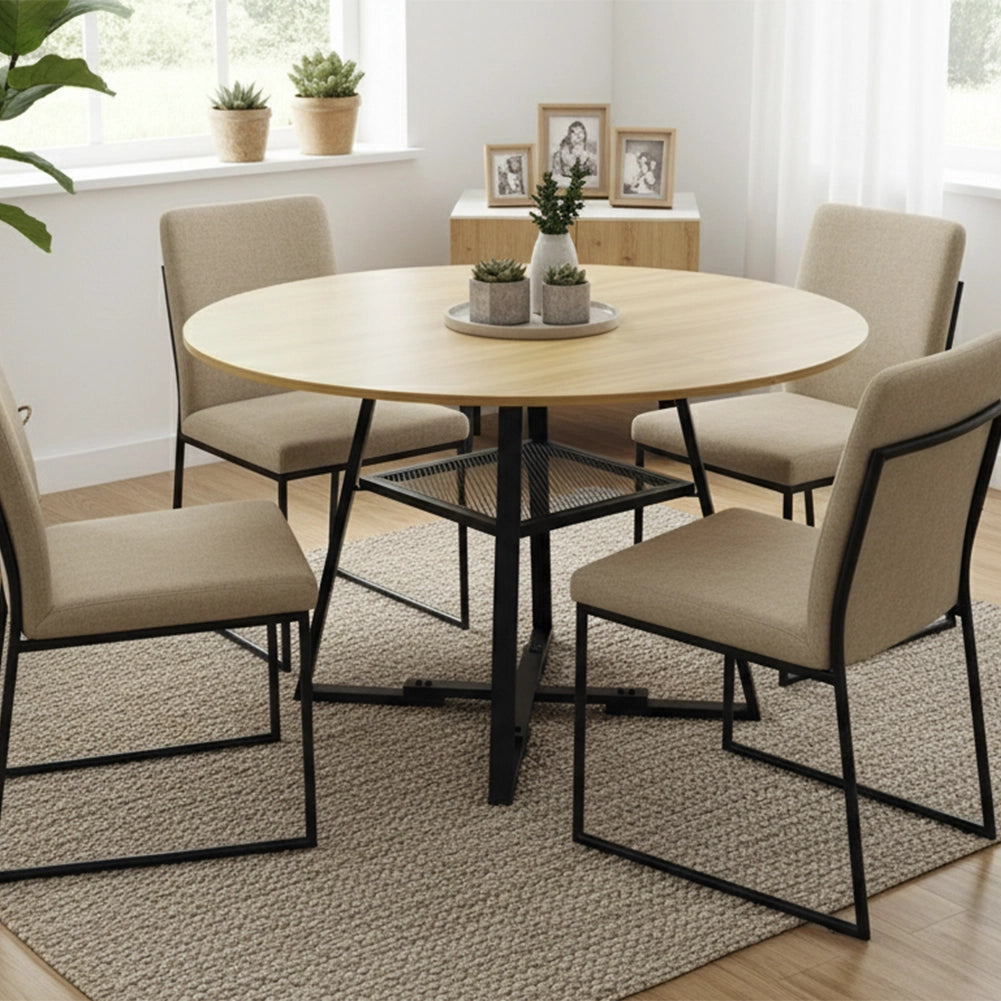 Tavolo per Sala da Pranzo Tondo Naturale con Ripiano Portaoggetti 120x120x76cm
