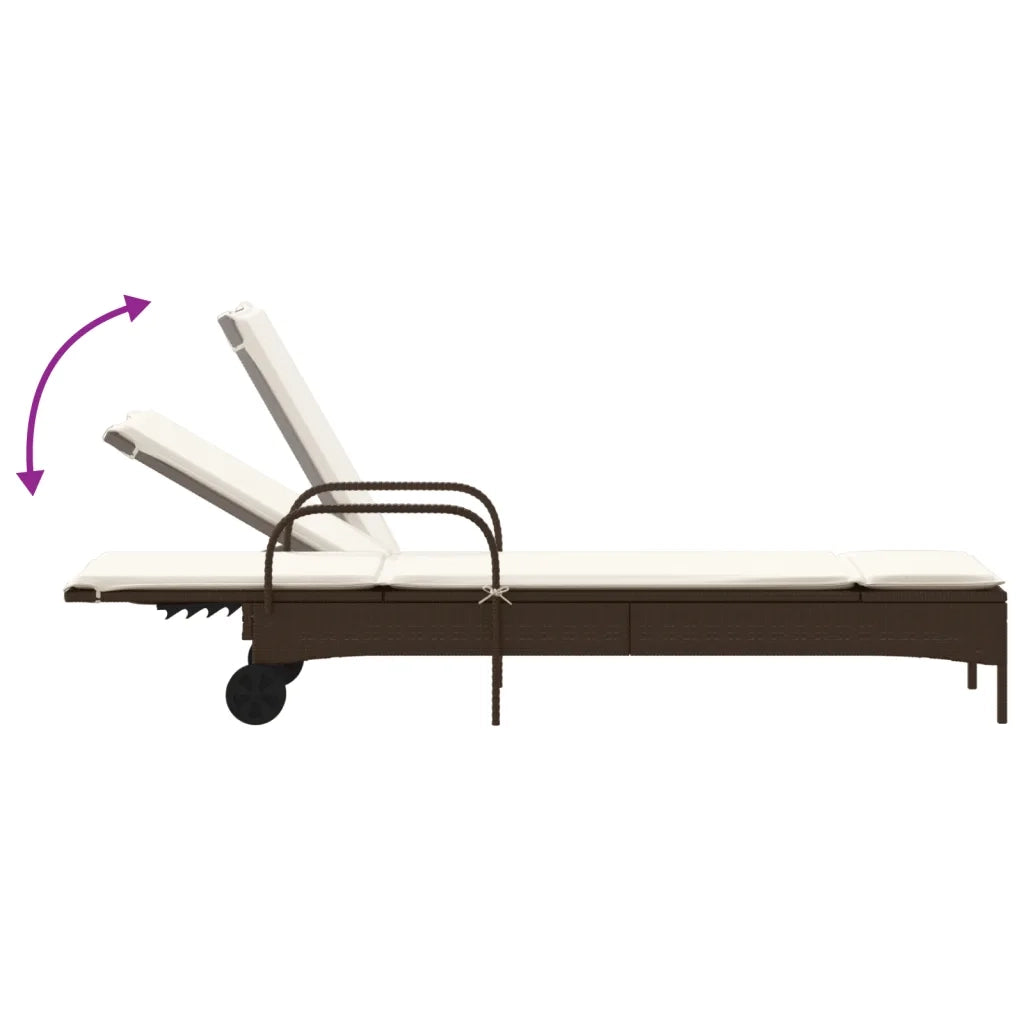 Lettino Prendisole con Ruote e Cuscino in Polyrattan Marrone 368309