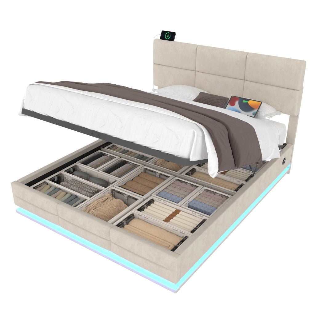 Letti contenitori 160x200 cm con LED e contenitore; velluto beige (Senza materasso)