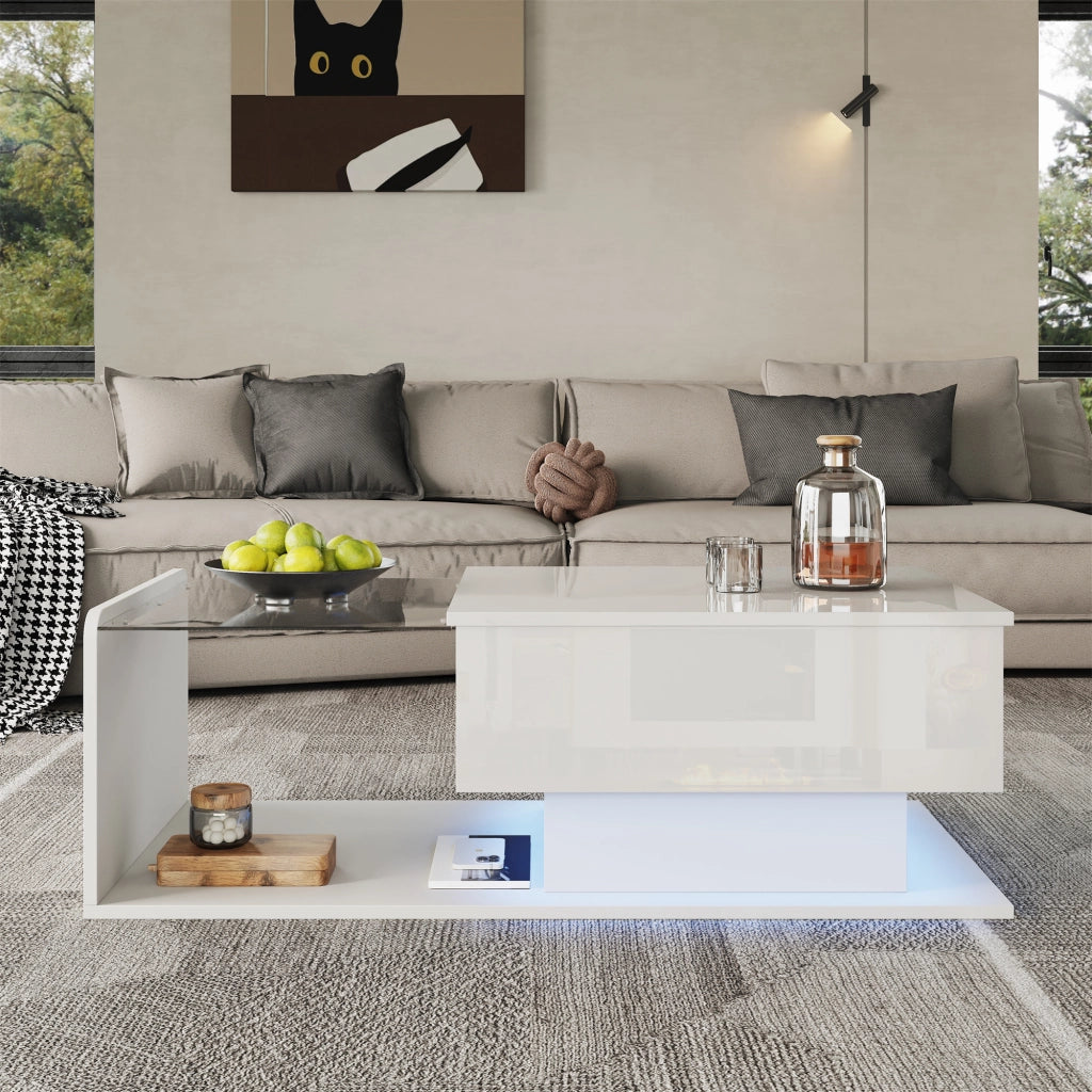 OKWISH Tavolino da Salotto Alzabile con Piano in Vetro Temperato, Vano Aperto e Chiuso, LED, per Soggiorno, 100 x 50 x 47.5 cm