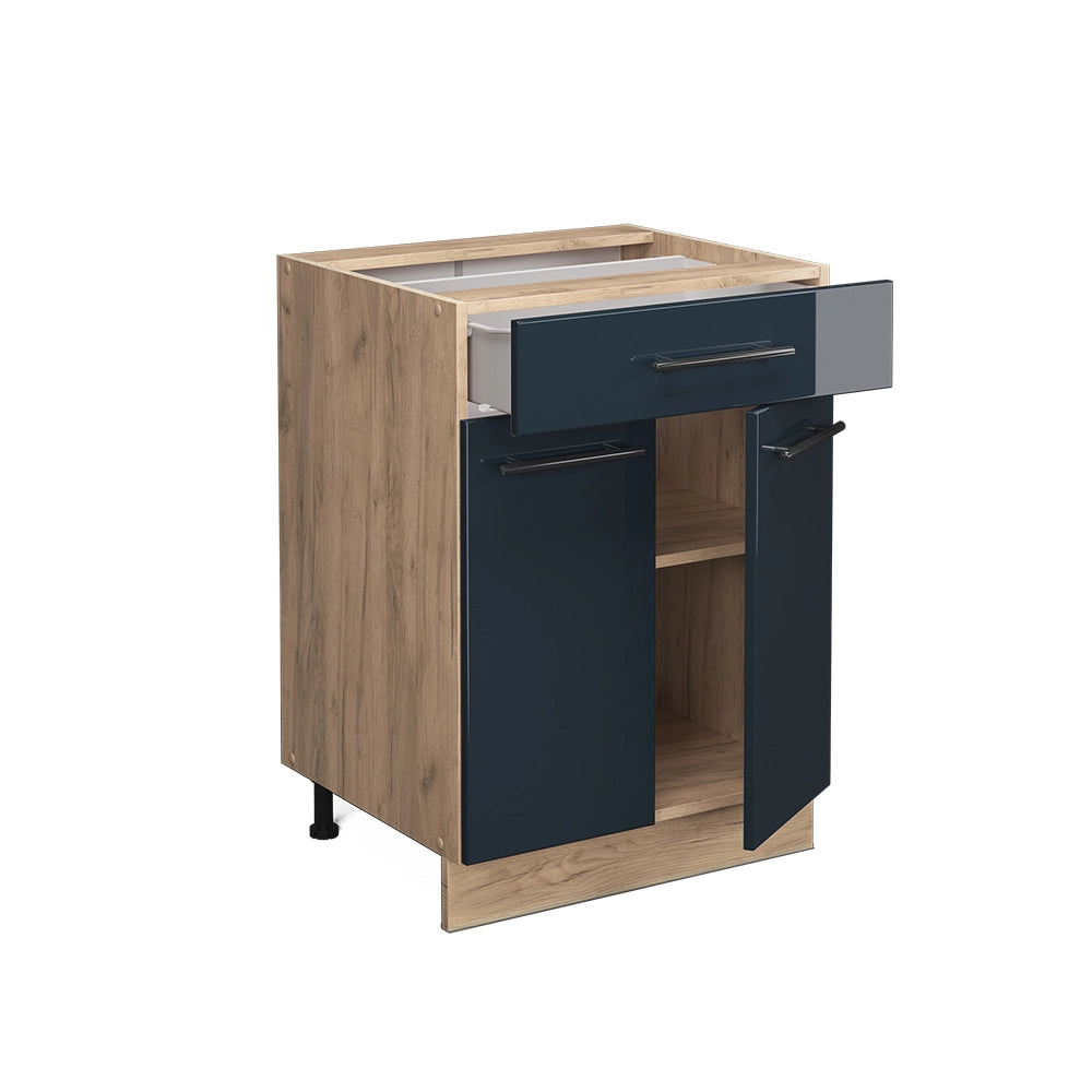 Mobiletto base per cucina Fame-Line Blu scuro lucido/Rovere dorato 60 cm con cassetto, PL Rovere Vicco