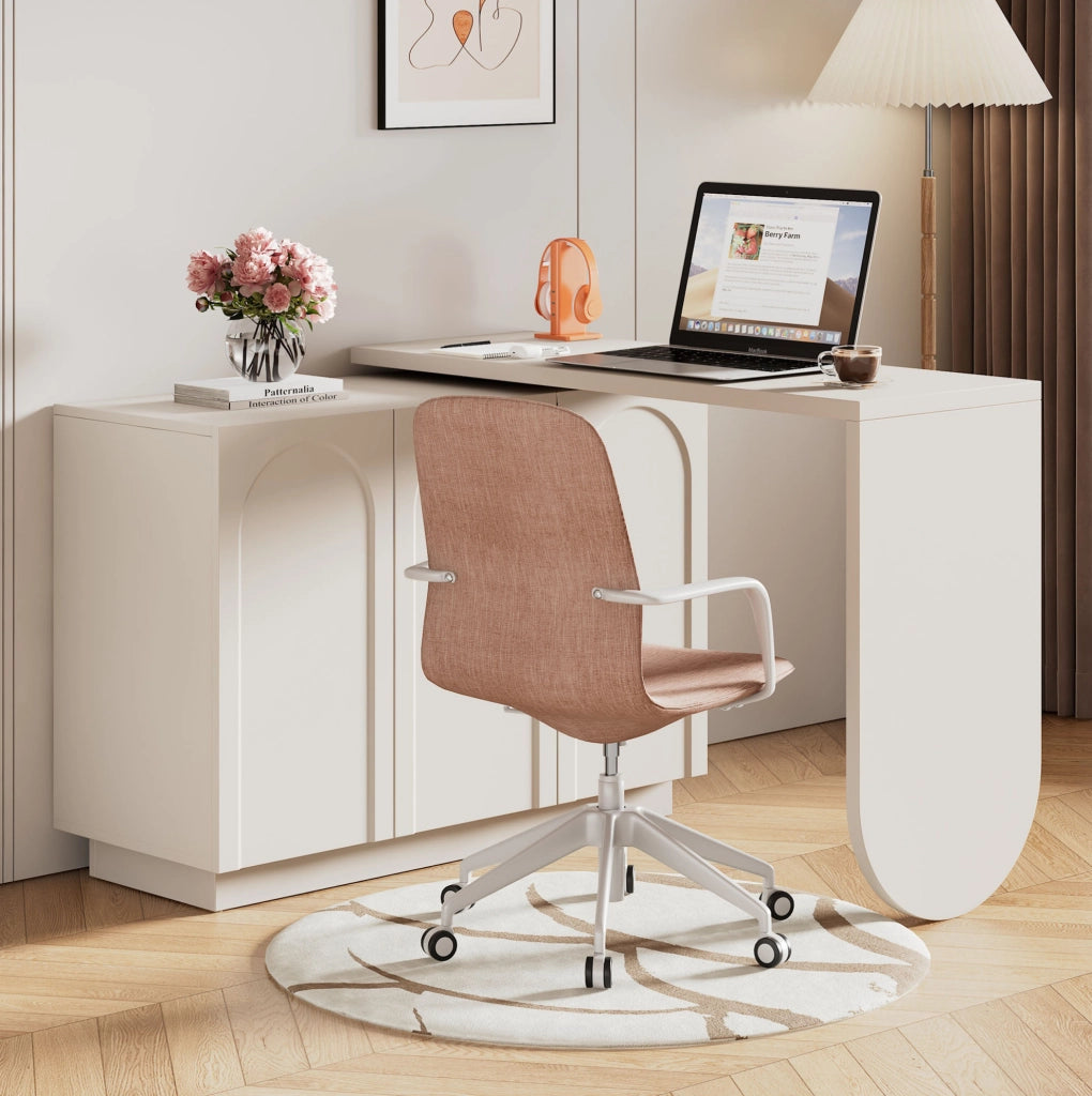 Scrivania angolare girevole 360° con mobiletto; 110x40x75 cm; bianco in MDF