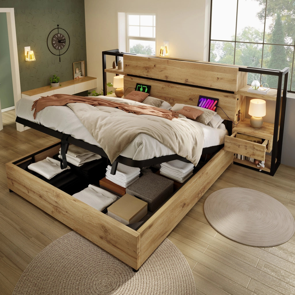 Letto matrimoniale 180x200 cm con contenitore, comodini e ricarica USB/Type-C