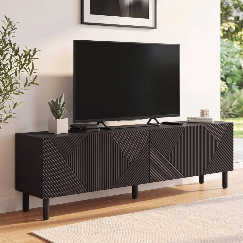 IDMarket - Porta TV HIMARA 180 cm, 2 ante, doghe geometriche in legno nero