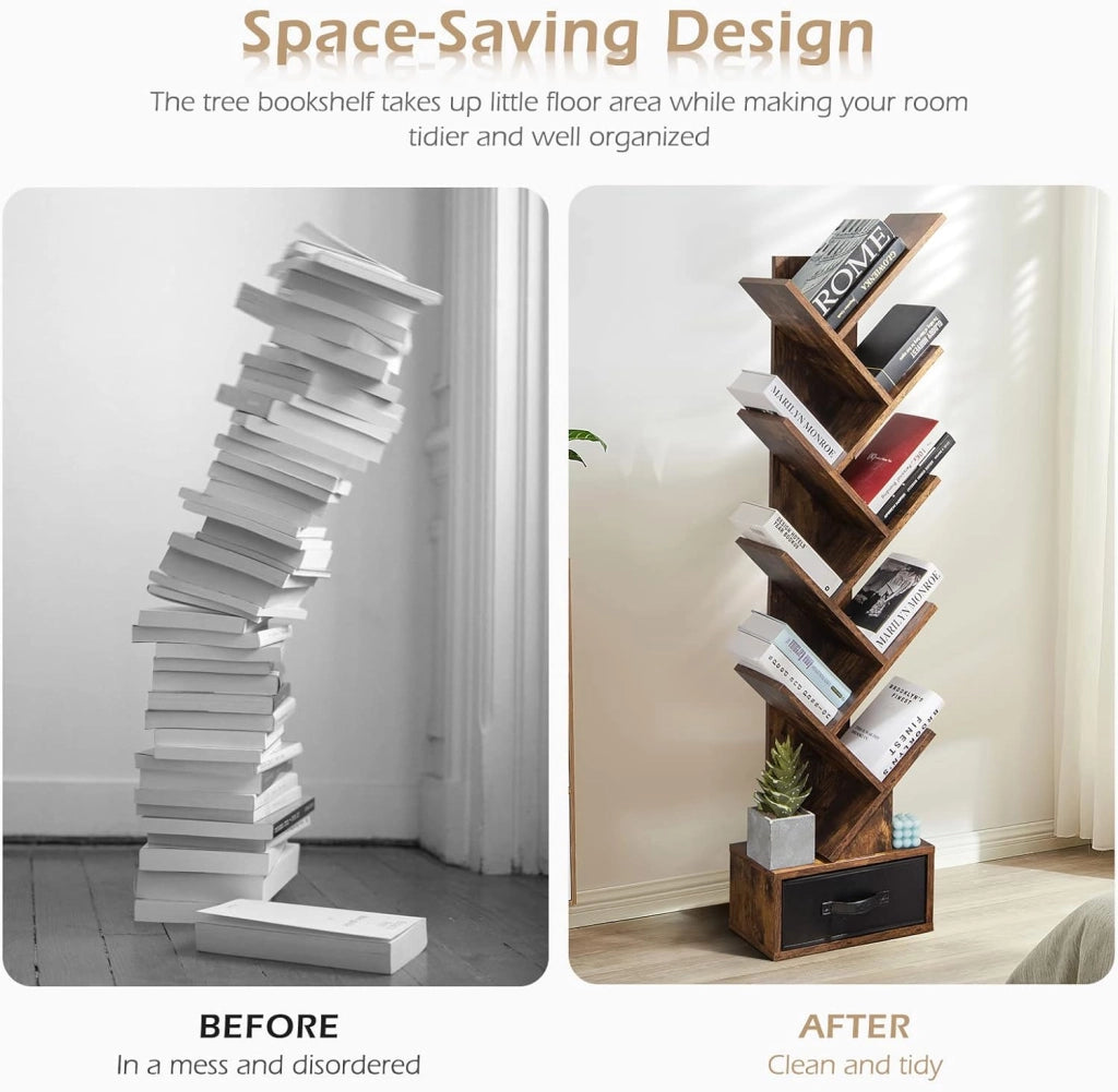 Libreria ad Albero, a 8 Ripiani, Scaffale per Libri con Cassetto Rimovibile, Design di Antiribaltamento, Organizzazione per CD, Riviste, Libri, 38x20x149,5 cm, 4 Colori (Marrone)