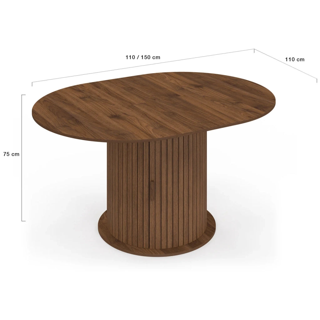 IDMarket - JULIETTE Tavolo da pranzo rotondo allungabile per 4-8 persone con gambe a doghe e contenitore in noce 110-150 cm
