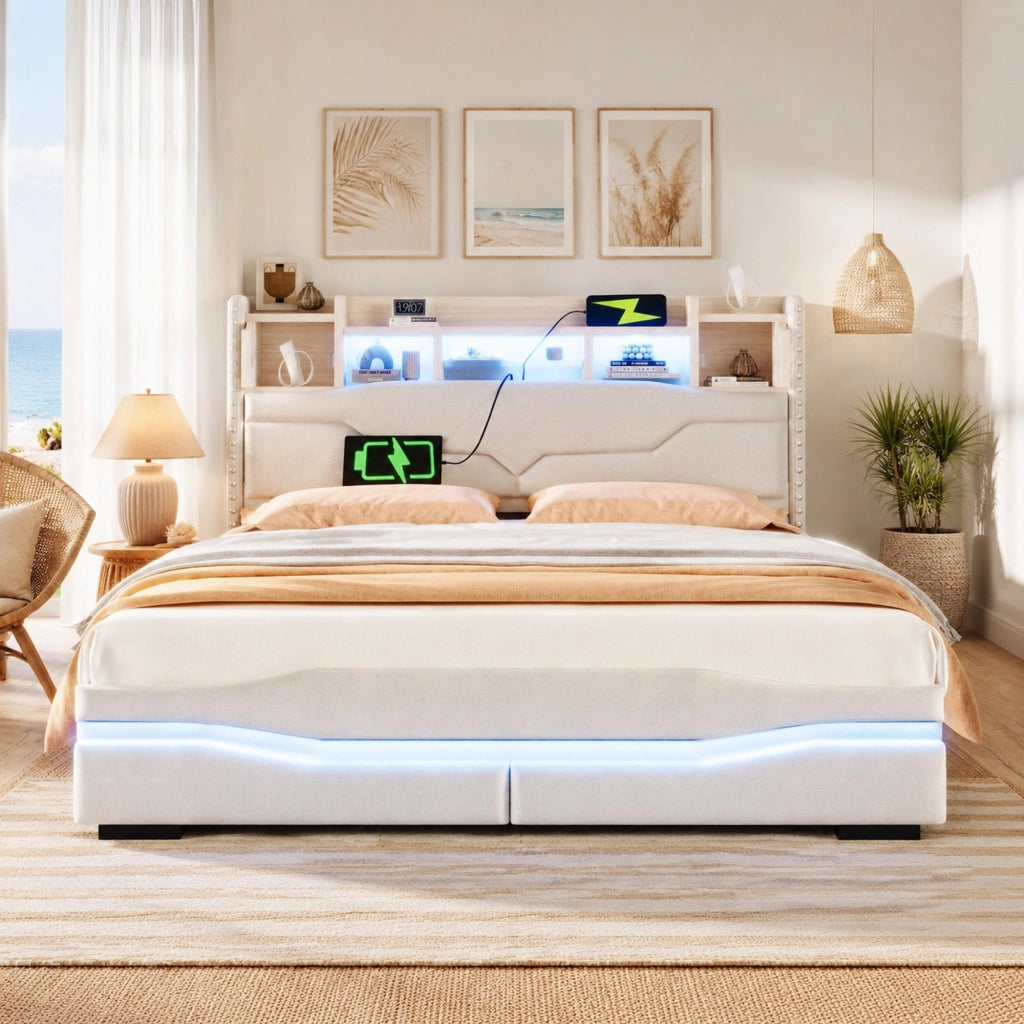 Letto imbottito 160x200 cm con contenitore idraulico; LED e porte USB; beige