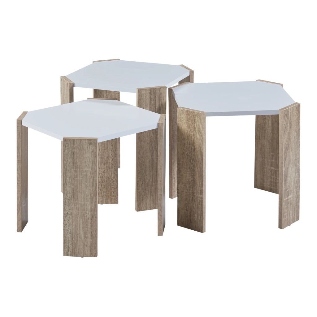 Set di 3 tavolini impilabili bianchi con effetto rovere 03_0009400