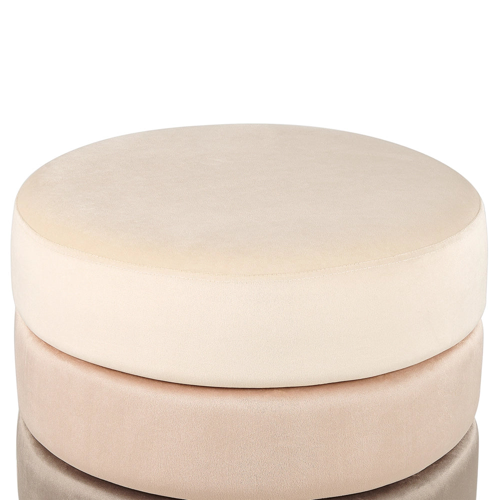 Pouf in tessuto di velluto di colore beige rotondo con base in oro glamour stile moderno