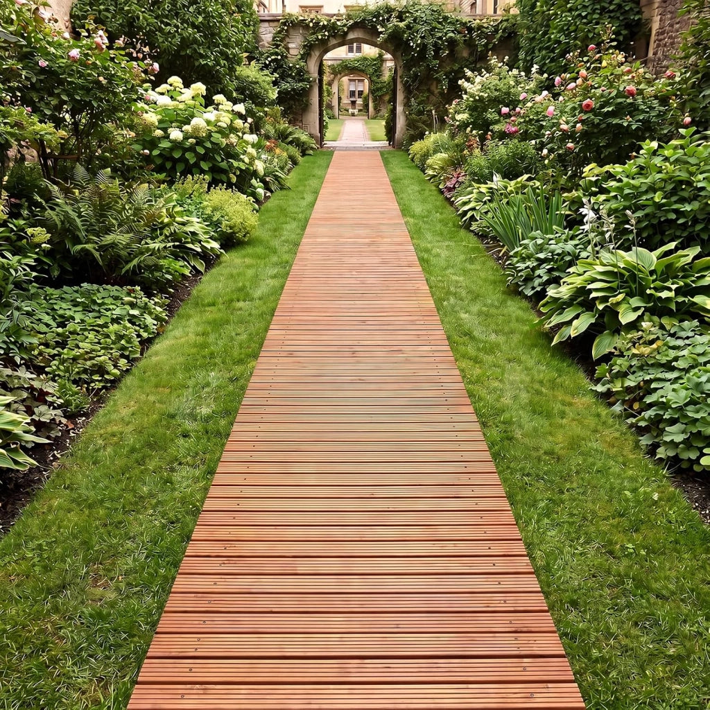 Sentiero da Giardino in Legno, Passerella Decorativa da Esterno, Superficie Antiscivolo, Collegamento con Fili Metallici, Sentiero Arrotolabile per Cortile e Spiaggia, 367 x 55 cm (Naturale)