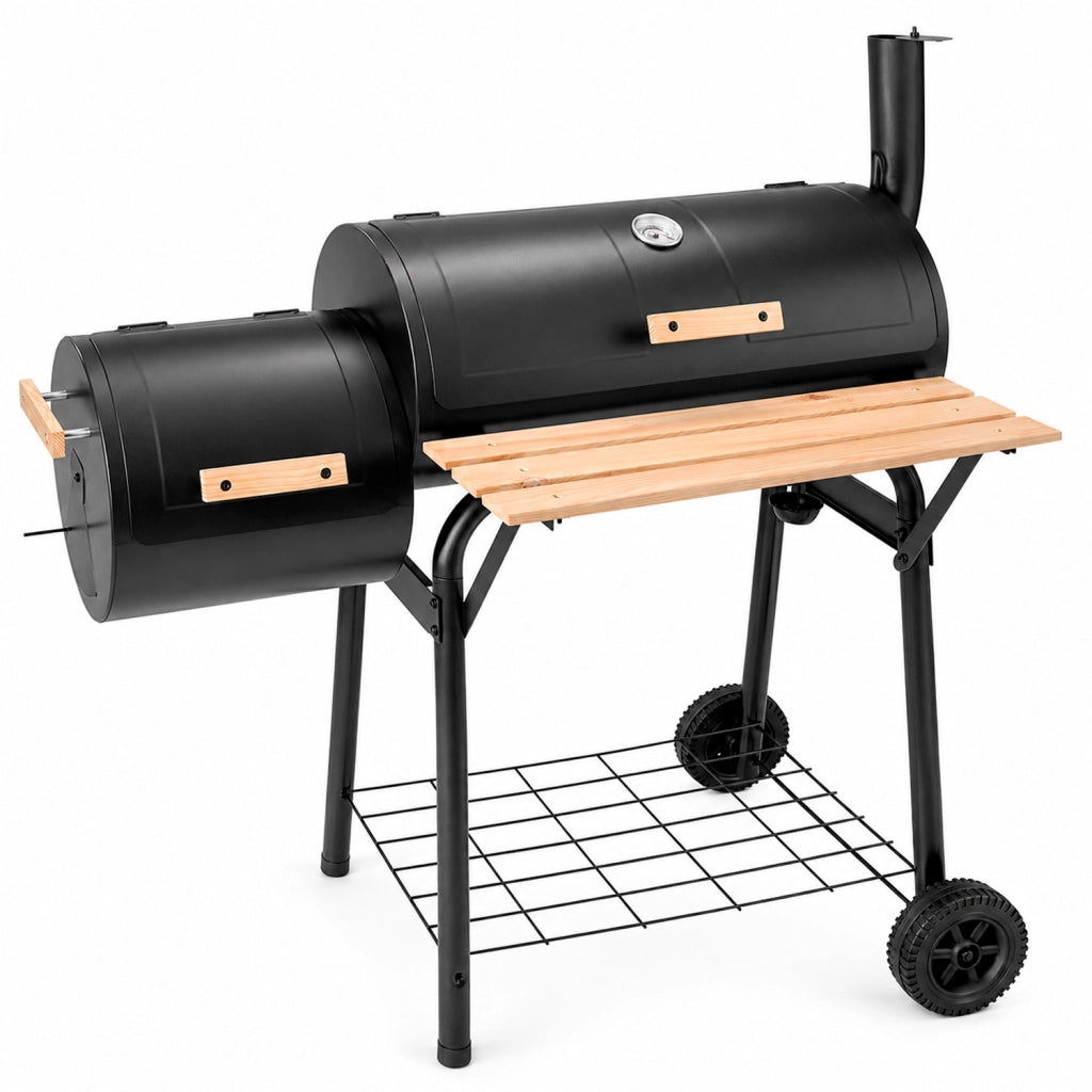 Barbecue A Carbone Con Camera Affumicatrice Laterale BBQ Termometro Integrato Griglie In Acciaio Cromato Ripiano E Maniglie In Legno Con Ruote 109.5 x 59 x 116 Cm Nero
