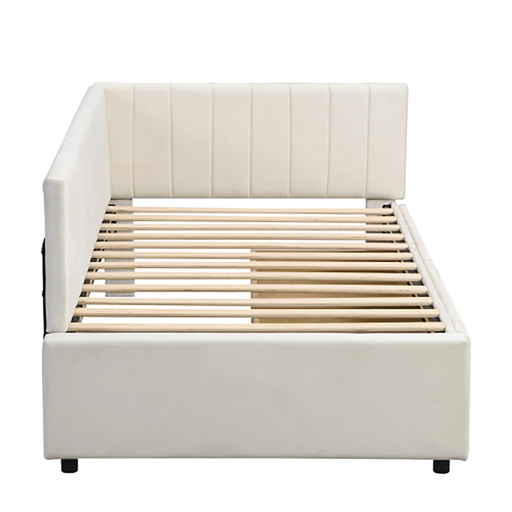 Letto a due piazze con divano letto - Xylo - 90x200 cm - Beige - 2 ampi cassetti e rete a doghe